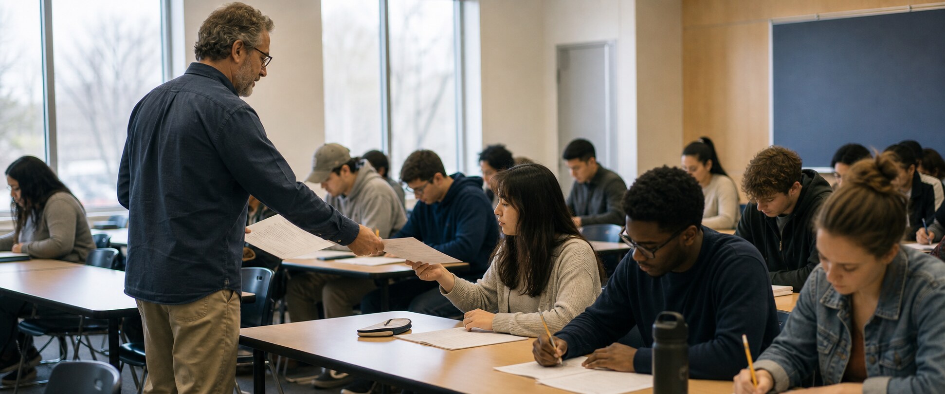 A professor handing out a paper exam as university students begin their work