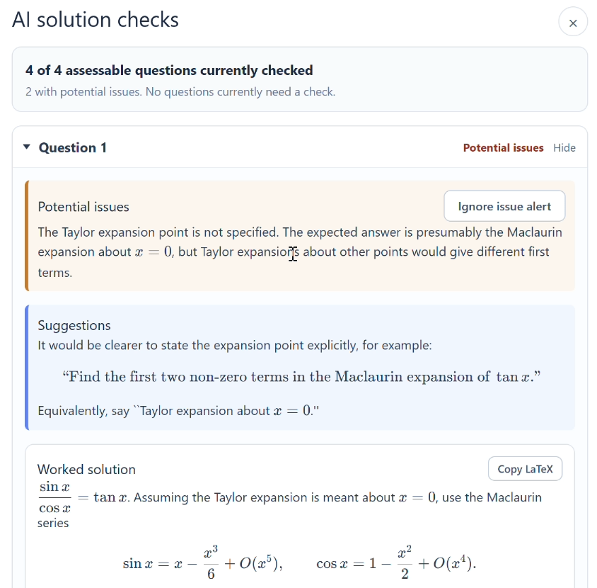 Gradebird AI solution checks flagging an ambiguous Taylor expansion prompt and presenting a suggested revision with a worked solution