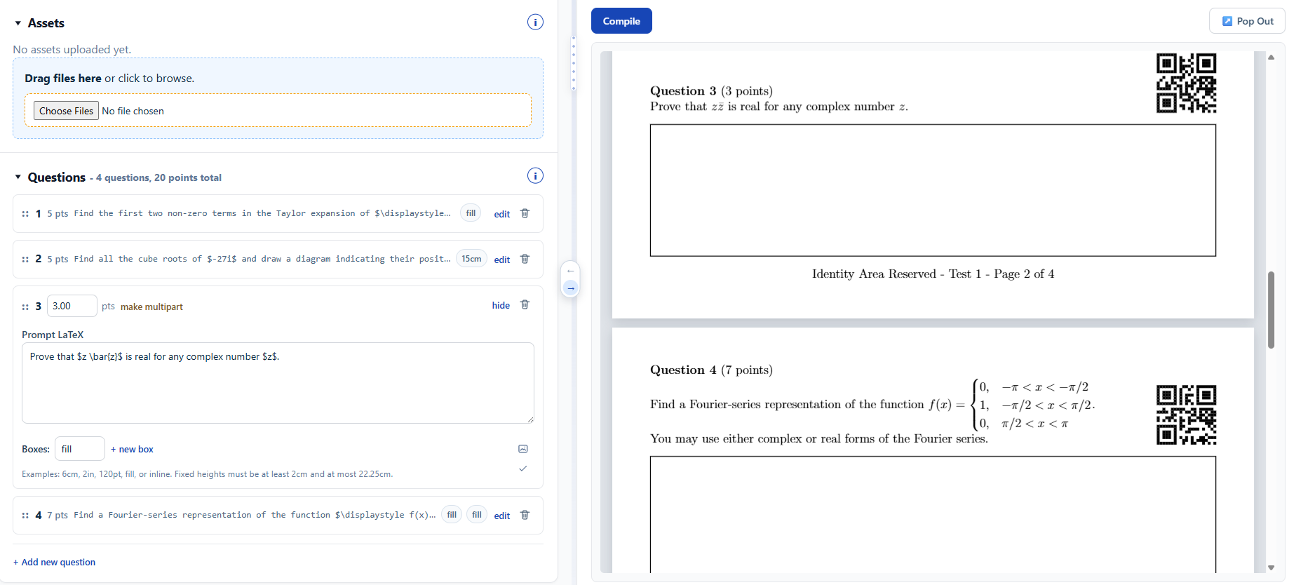 Gradebird builder showing editable questions and response boxes beside the compiled printable exam