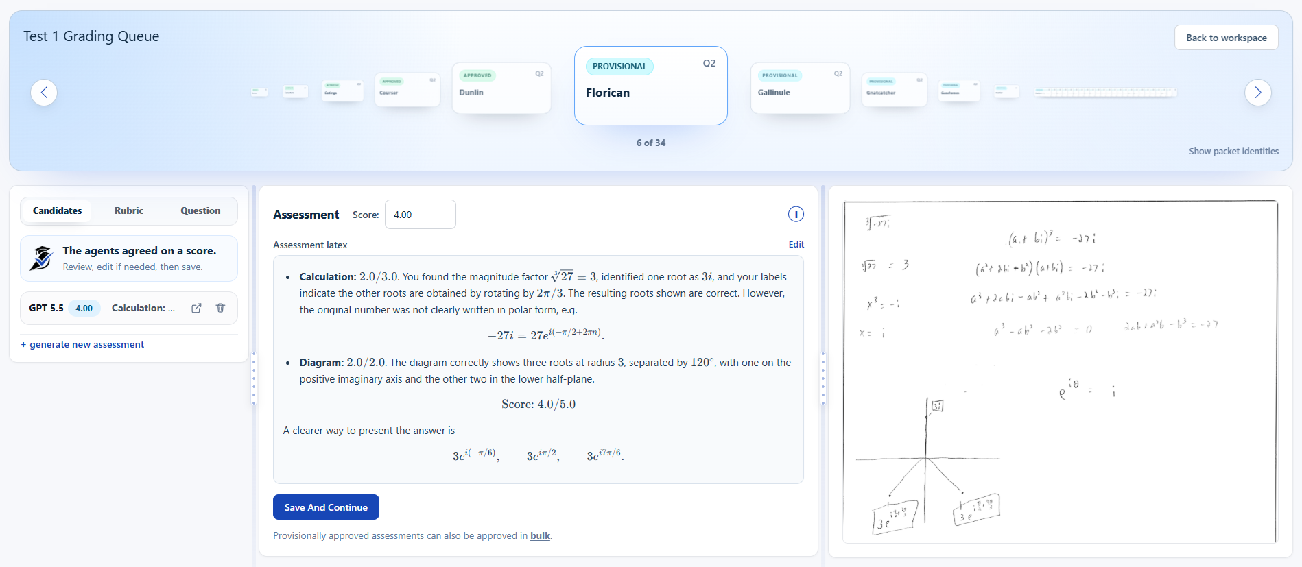 Gradebird grading queue showing an editable assessment beside the student's original handwritten response