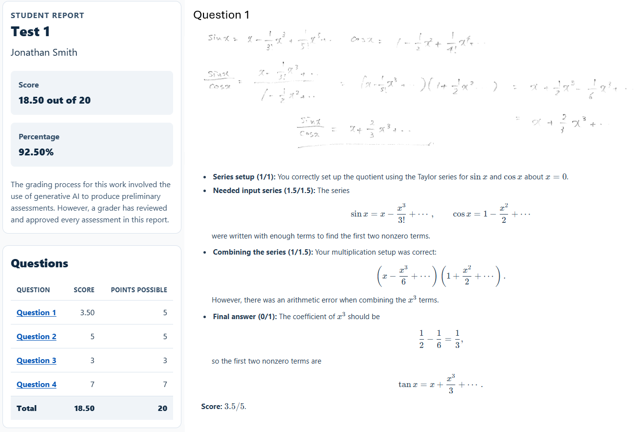 Gradebird student report showing the overall score, Question 1 student work, and detailed assessment together