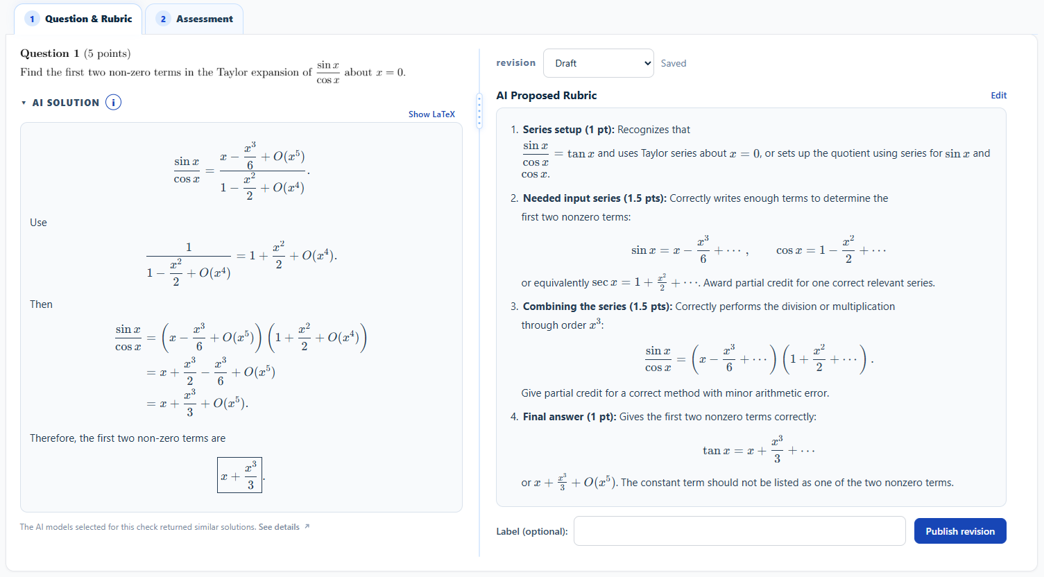 Gradebird showing a worked AI solution beside a detailed proposed scoring rubric ready for instructor editing and publication